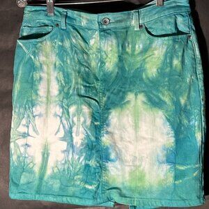 Lands End Skirt Size 12 Tie Dyed Denim Kelly Green Blue Tied Dye Mini Turquoise
